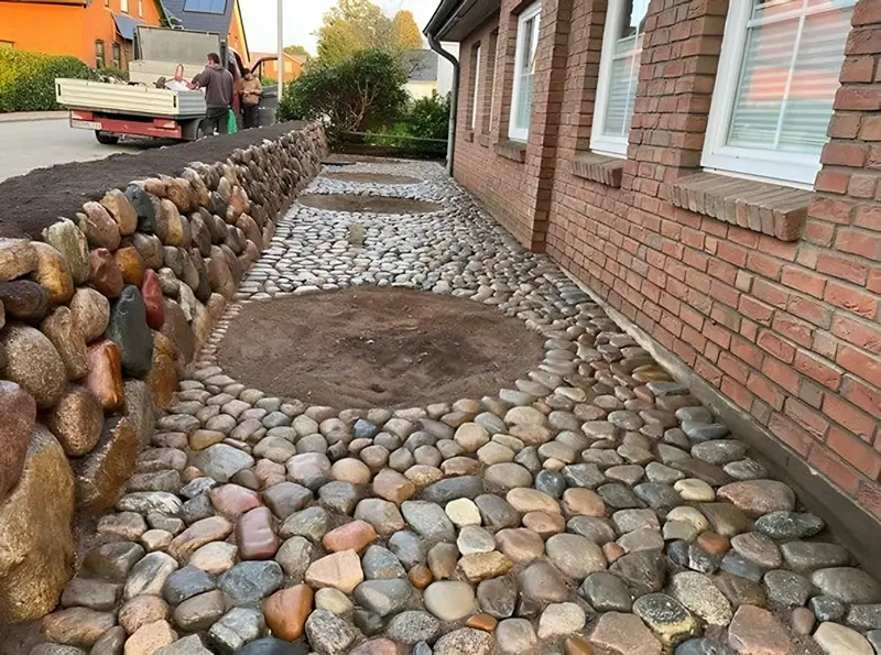 Weg aus runden Natursteinen zwischen einem Friesenwall und einer Hauswand aus Backstein
